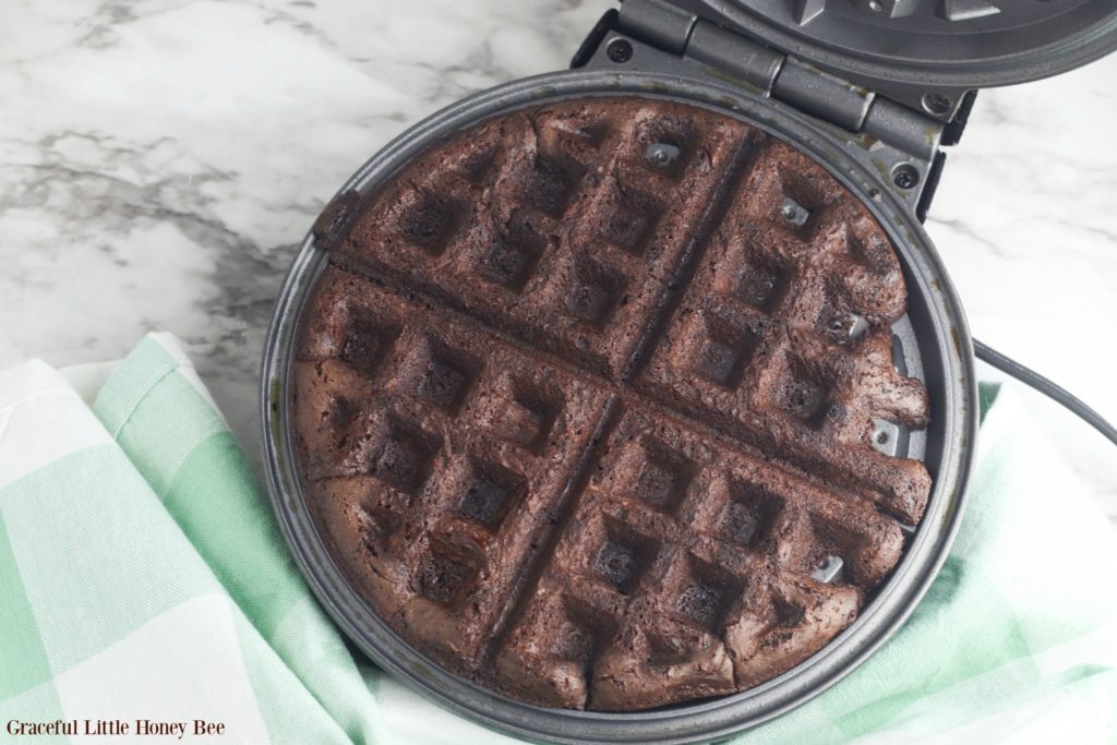 Finished brownie in the waffle maker.