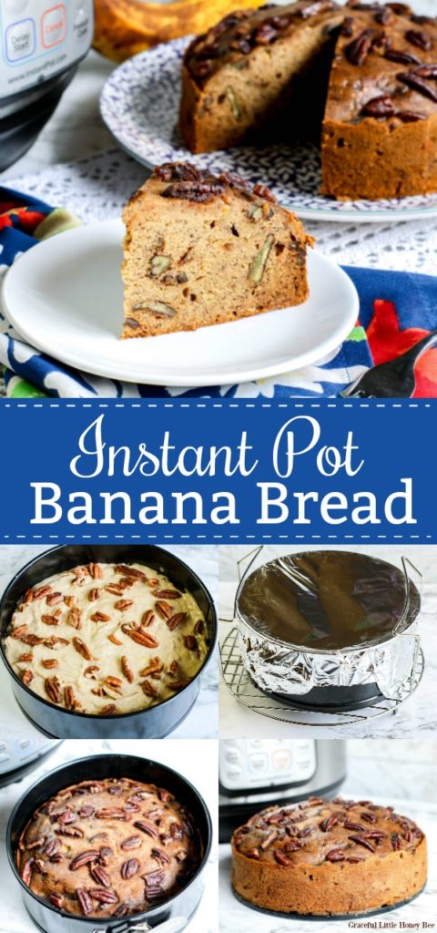 A collage of photos including step by step photos of making banana nut bread.