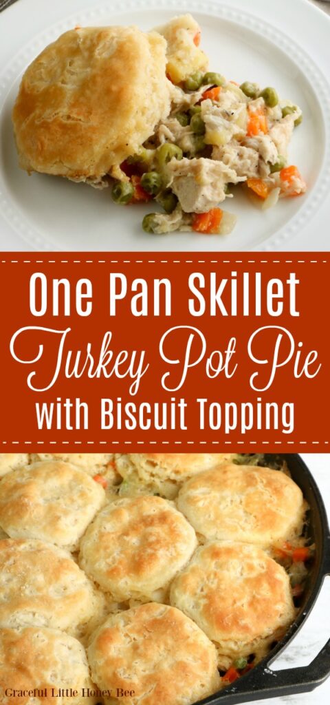 A collage of photos including Turkey Pot Pie in a skillet topped with biscuits and a portion of Turkey Pot Pie scooped out onto a while plate.