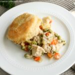 A portion of Turkey Pot Pie on a white plate.