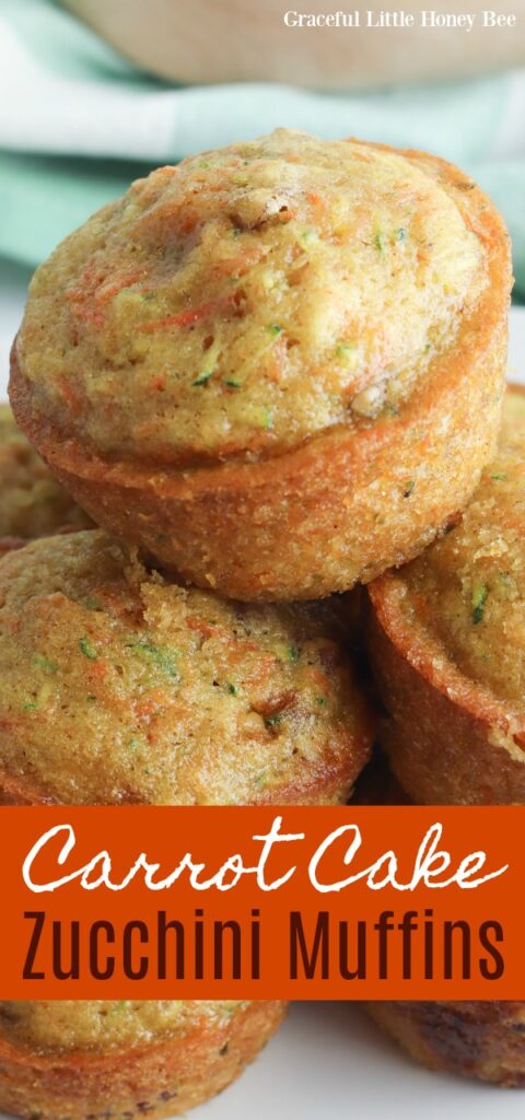 Carrot cake muffins in a stack on a white plate.