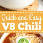 V8 Chili in a white bowl garnished with shredded cheese, sour cream and jalapeno.