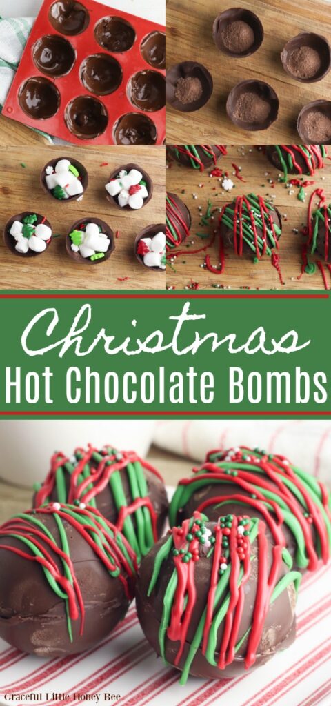A colloge of photos showing how to make Christmas Hot Chocolate Bombs.