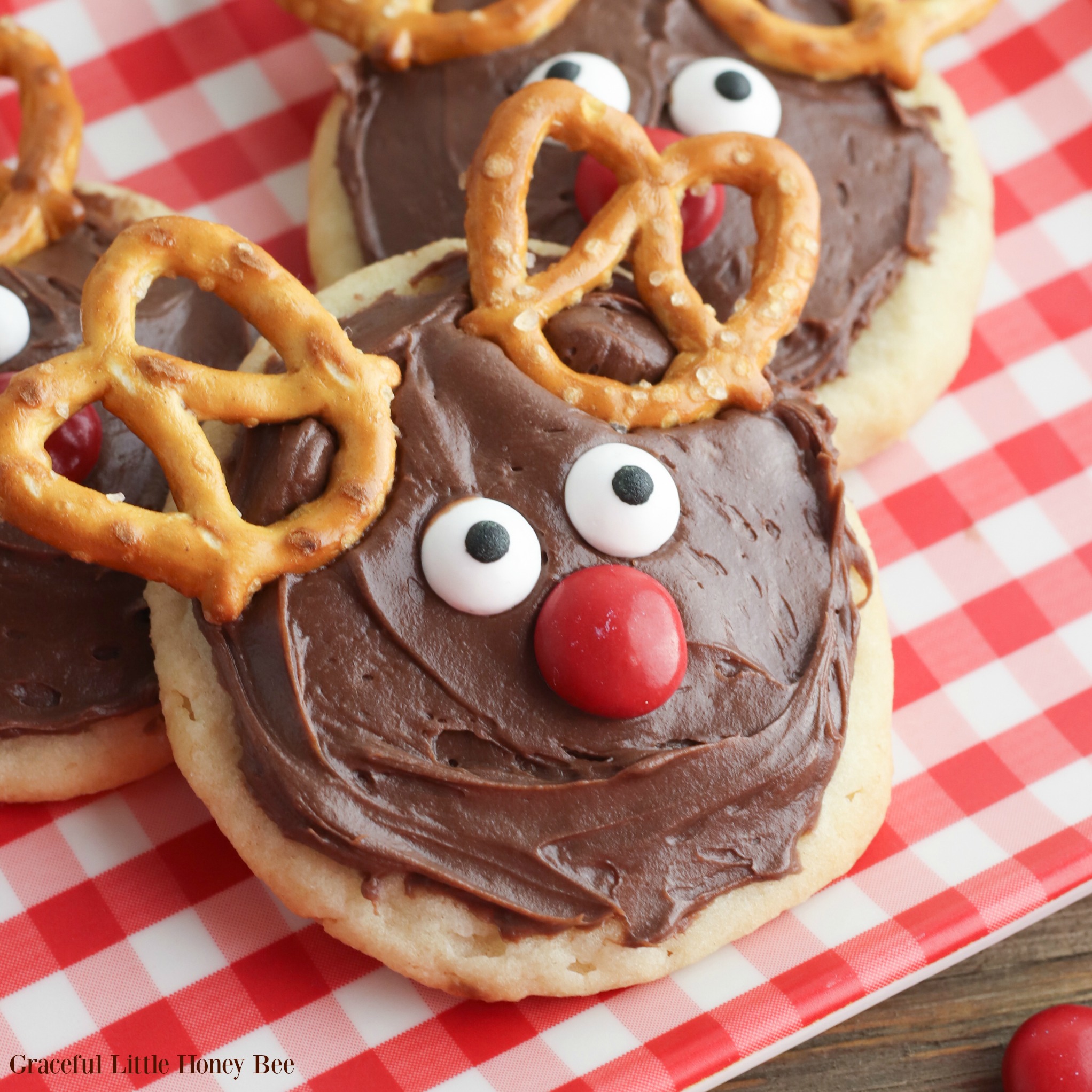 A sugar cookie with chocolate frosting, candy eyes, nose and pretzel ears that makes it look like a reindeer.