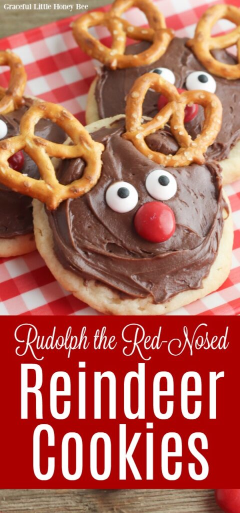 A sugar cookie with chocolate frosting, candy eyes, nose and pretzel ears that makes it look like a reindeer.