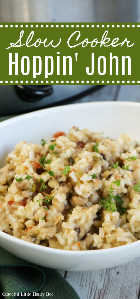 Black-eyed peas and rice in a white bowl.