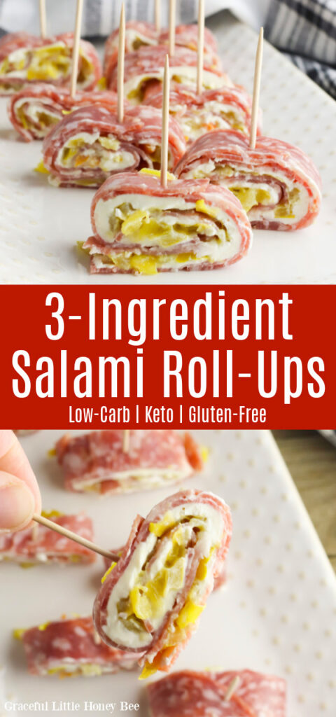 A collage of photos including salami roll ups sitting on a white plate with toothpicks and a close up of a salami roll up being held by the toothpick.