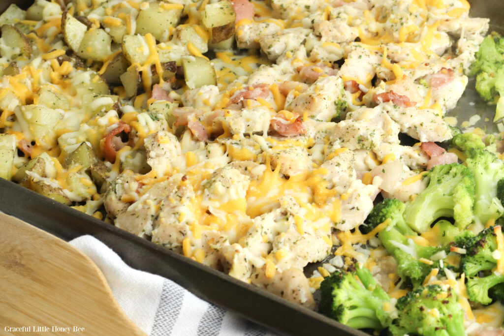 Chicken Bacon Ranch and Broccoli on a sheet pan.