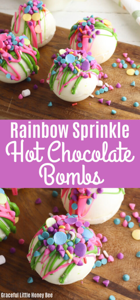 A collage of photos including a set of four rainbow hot chocolate bombs sitting on a wooden board and a single hot chocolate bomb sitting on a wooden cutting board.