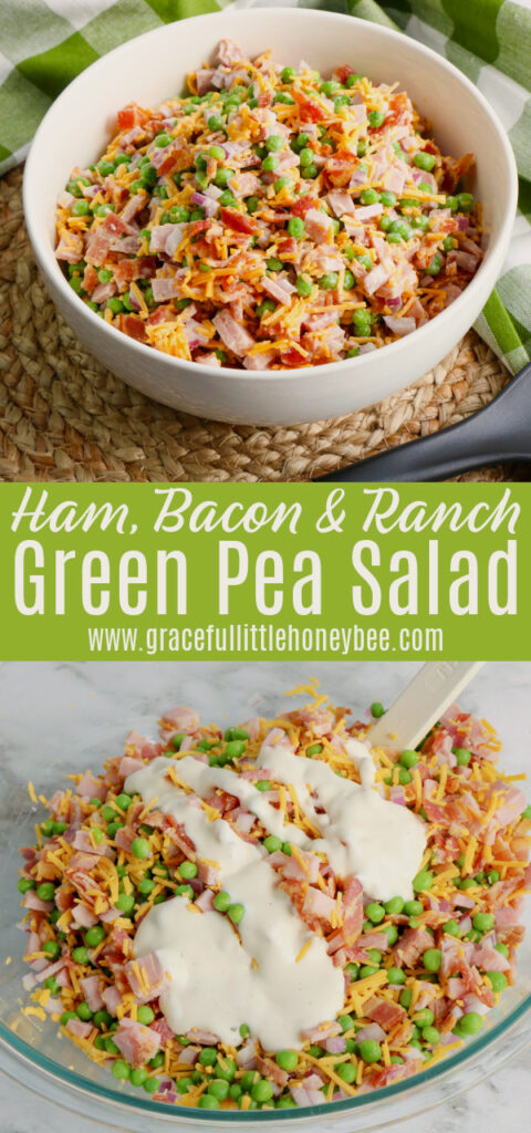 A collage of two photos including a large white bowl filled with pea salad and also a photo of a clear mixing bowl with all of the ingredients and ranch poured on top.