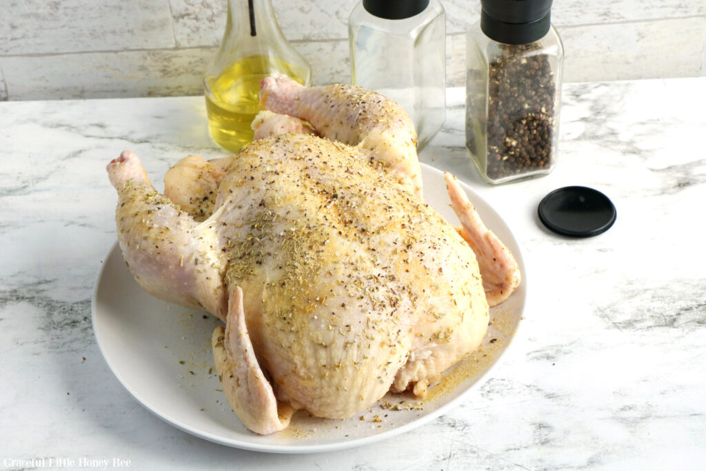 Raw whole chicken rubbed with oil and seasonings sitting on a white plate.