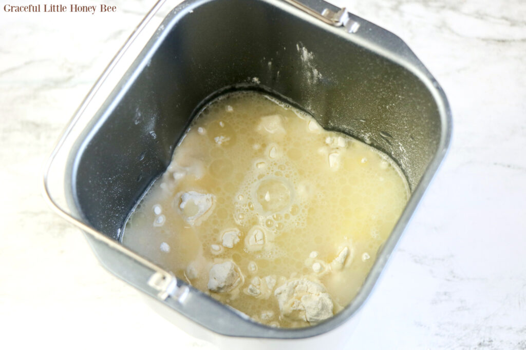 All ingredients for the pizza dough in the bread pan before mixing.