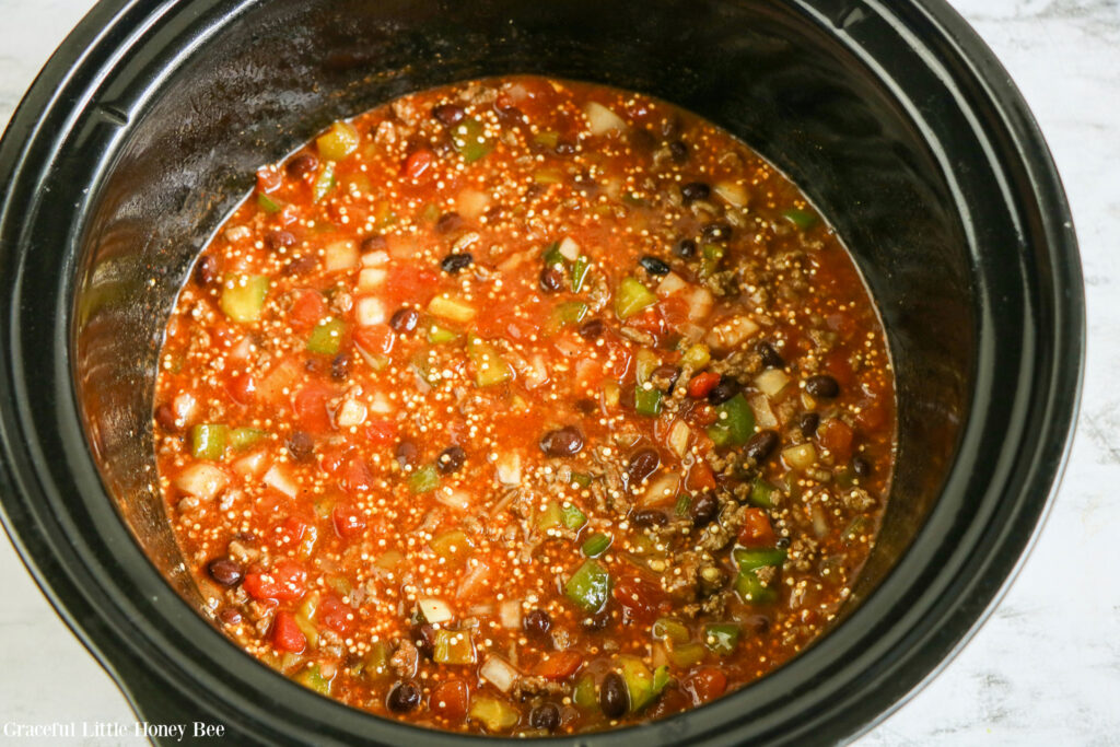 Beef & Quinoa Enchilada Casserole ingredients, except cheese mixed together before cooking.