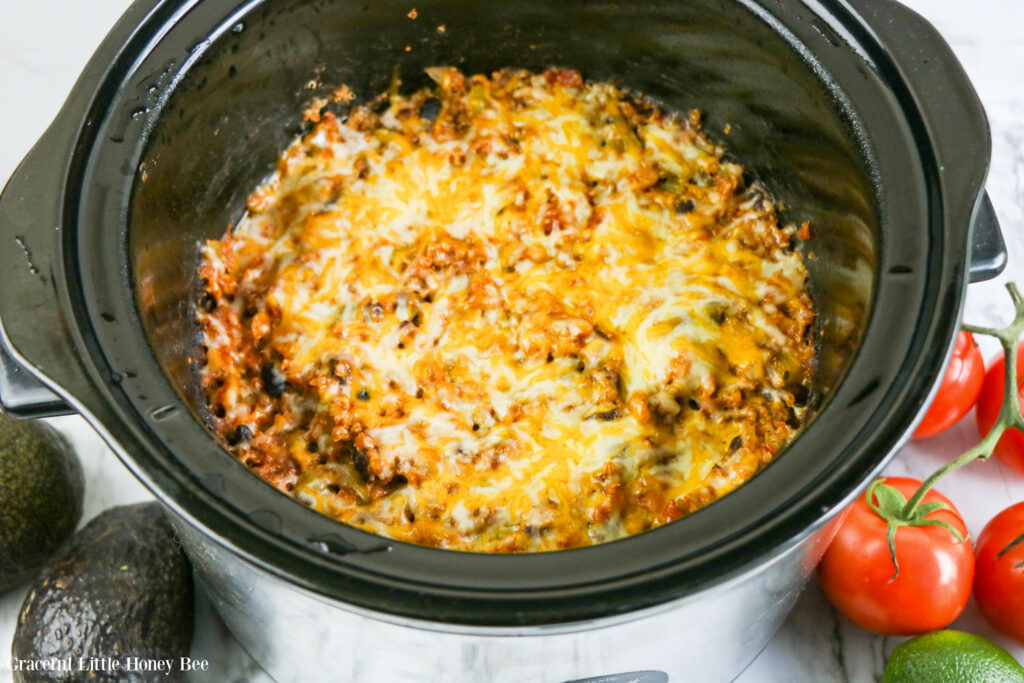 Beef & Quinoa Enchilada Casserole in slow cooker.