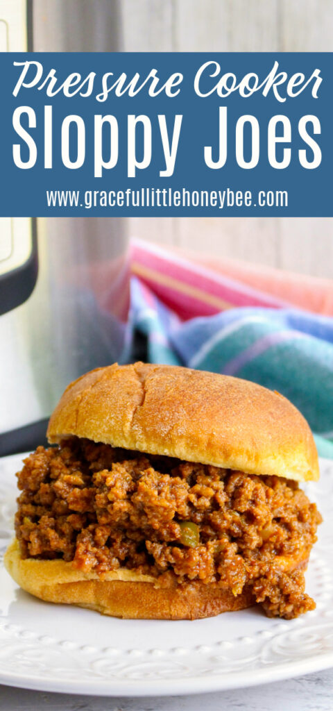 Sloppy Joes served on hamburger bun on a white plate with Instant Pot in the background.