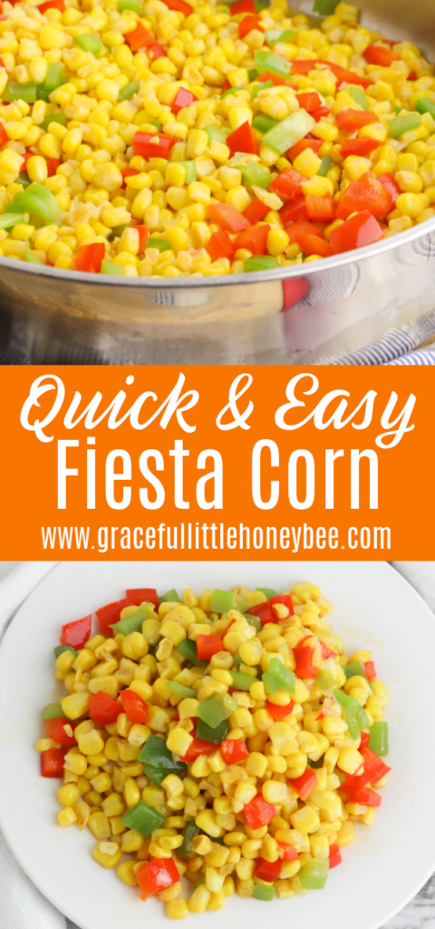 A collage of two photos including Fiesta Corn on a round white plate and in a large round stainless steel skillet.