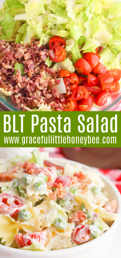 A collage of two photos including chopped lettuce, bacon and tomates in a bowl along with a bowl of BLT pasta salad.