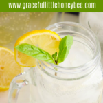 A mason jar full of Basil Sparkling Lemonade garnished with basil and a lemon slice.