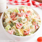 BLT Pasta Salad in a small white bowl.