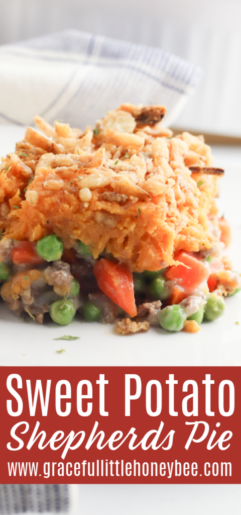 A small serving of Shepherds Pie sitting on a white plate.