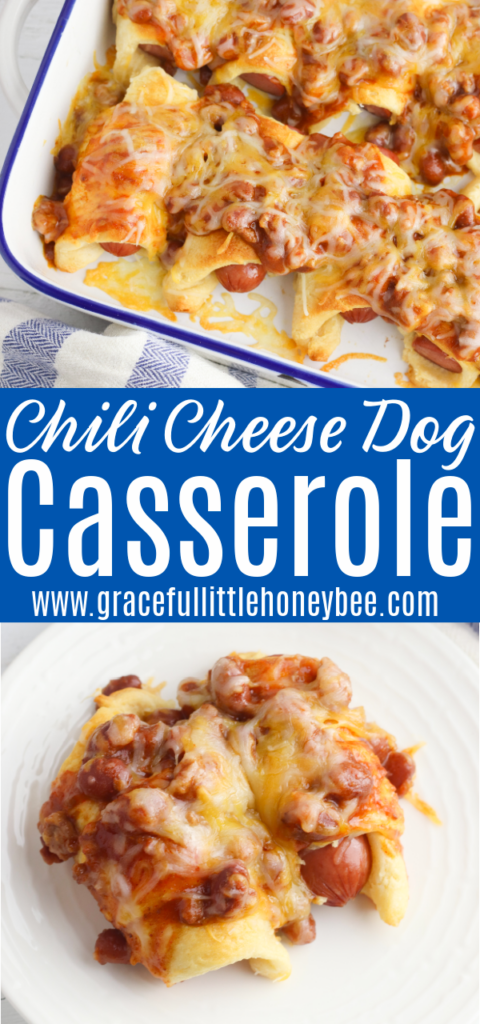 Chili Cheese Dog Casserole in a white casserole dish and a serving of the casserole on a white plate.