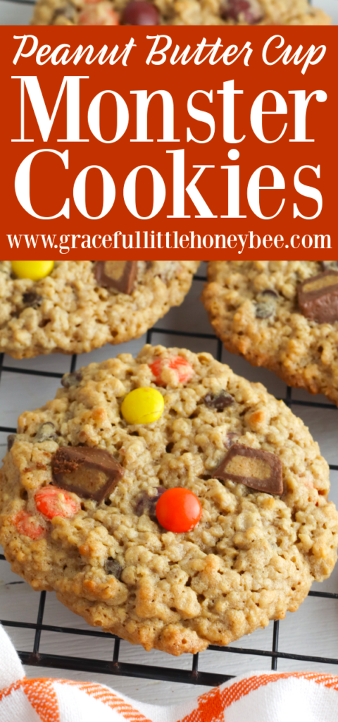 Close up view of a Reese's Pieces Monster Cookie on a cooling rack.