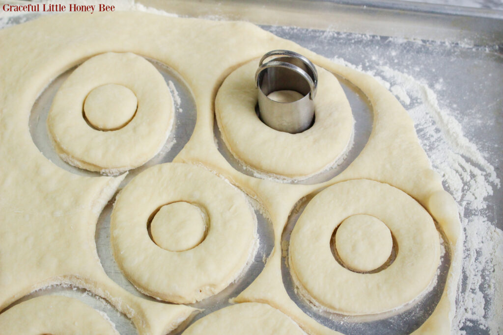 Rolled out dough with doughnut shapes cut out.