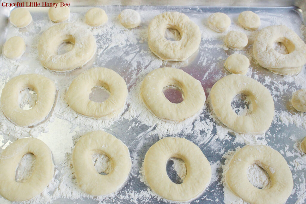 Dough cut into doughnut shapes before being fried.