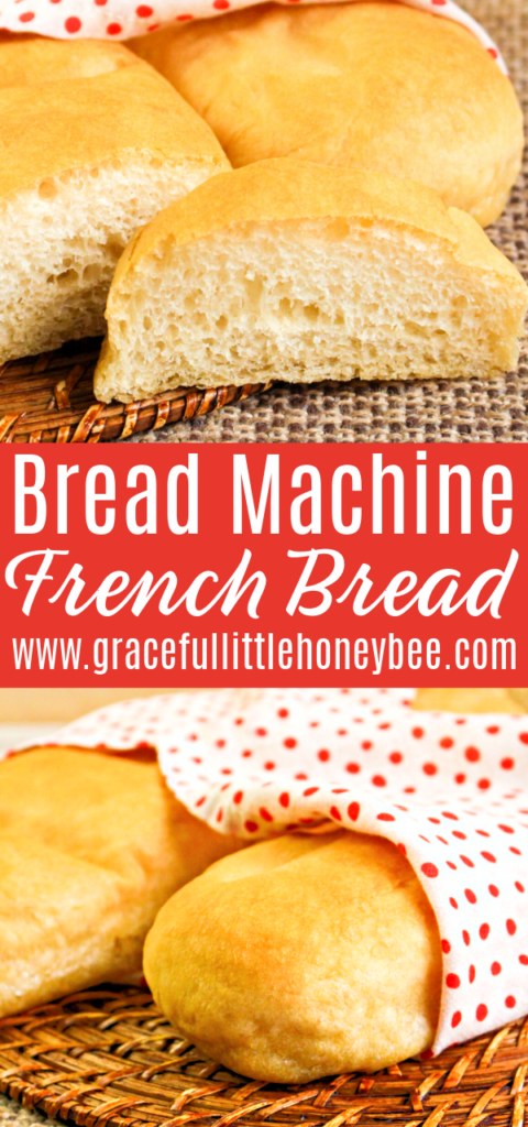 A collage of two photos including two loaves of french bread sitting on the counter and a fresh slice of french bread sitting on a counter.