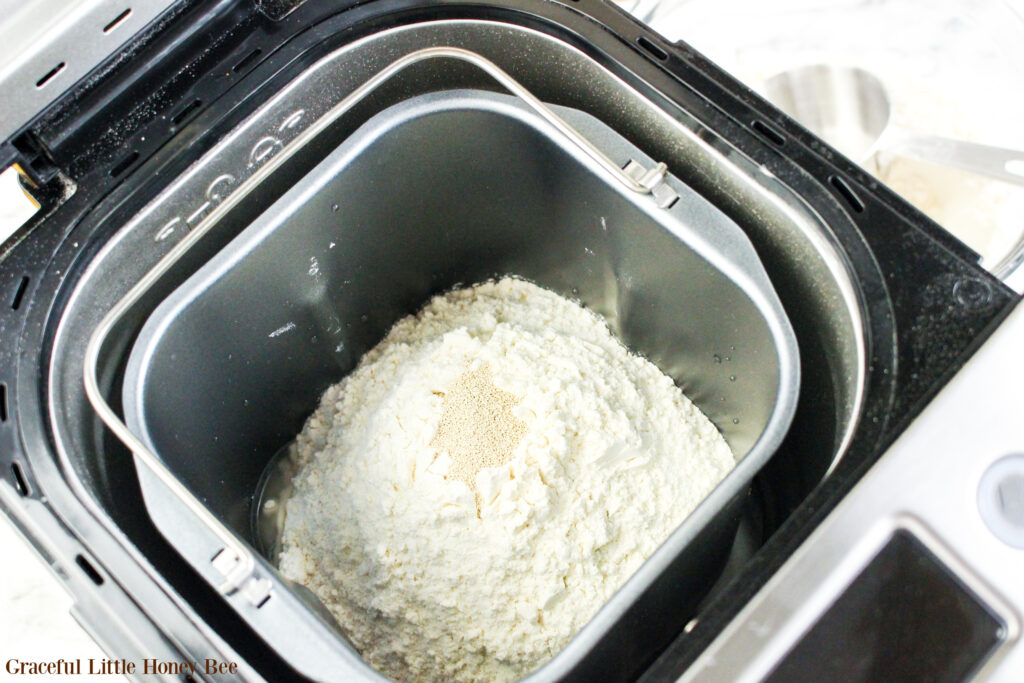 Ingredients in bread machine pan.