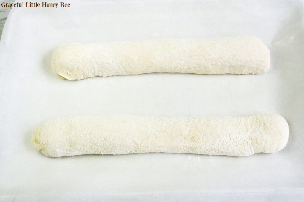 Dough shaped into two long ropes.