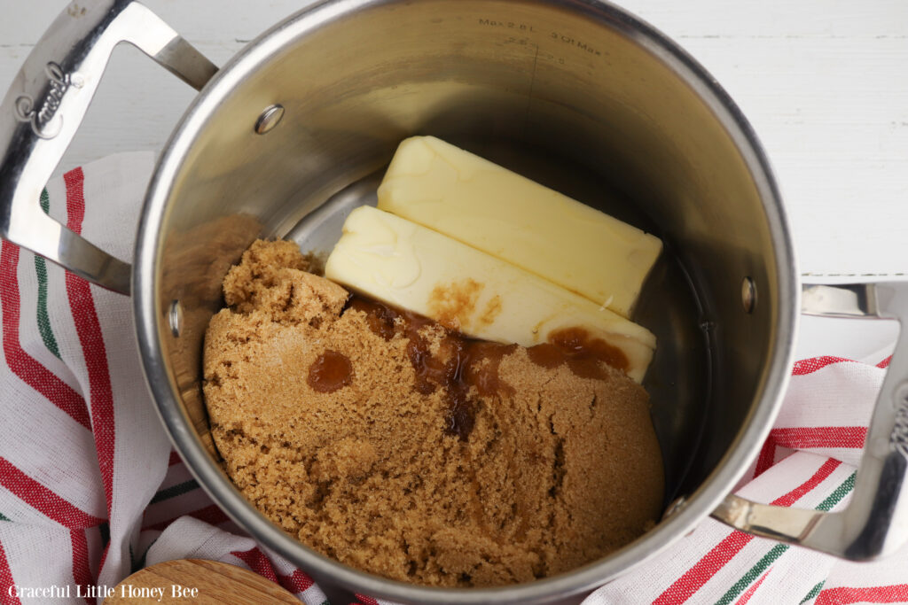 Ingredients for the caramel glaze in a saucepan.