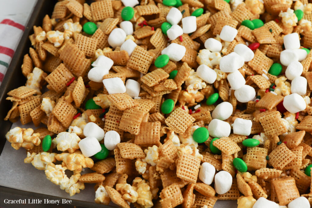 Trail mix on a baking sheet.