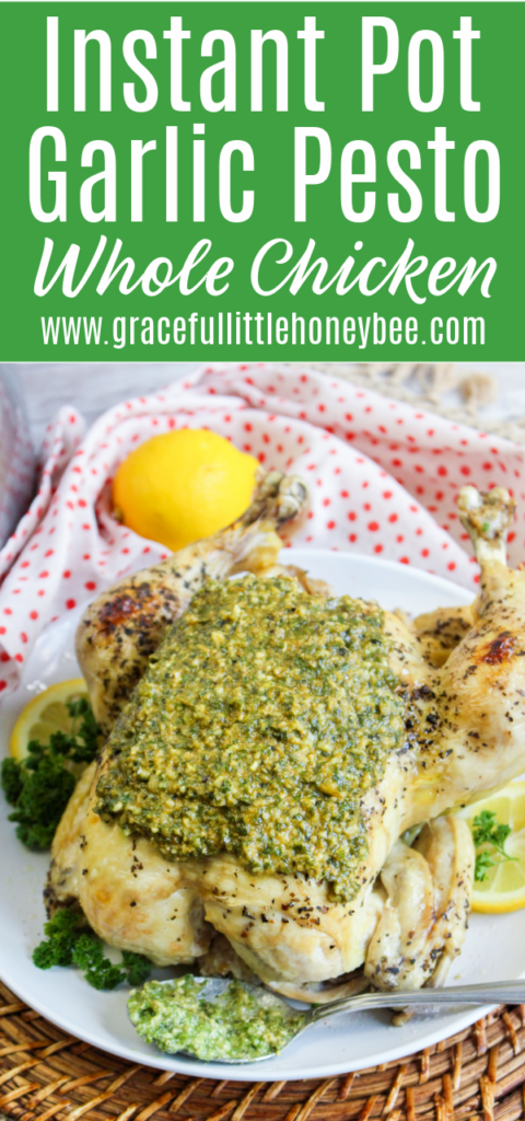 A whole cooked chicken slathered with pesto sitting on a white plate.