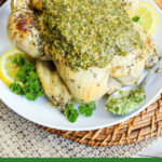 A whole cooked chicken slathered with pesto sitting on a white plate.