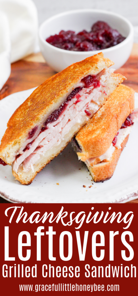 Turkey Cranberry Grilled Cheese sliced in half and laying on a white plate.