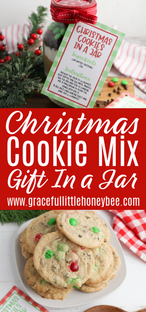 A collage of two photos including a close up of the cookie mix in a jar and a shot of the finished cookies sitting on a white plate.