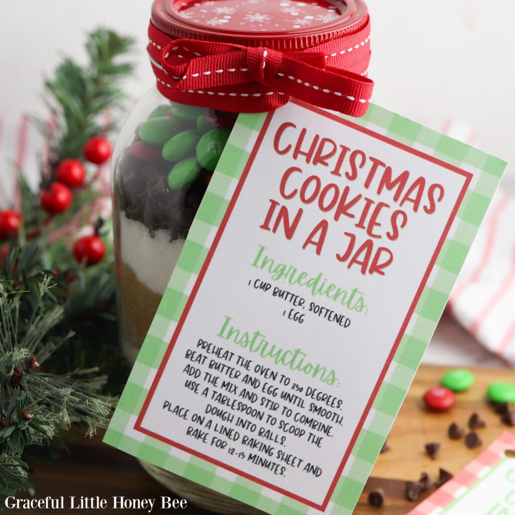 A close up shot of the cookie mix in a jar and the printed label.