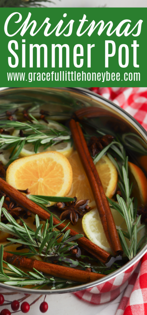 A close up of the Christmas Simmer Pot filled with citrus slices, rosemary and cinnamon sticks.