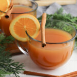 Wassail in a clear glass cup, garnished with a cinnamon stick and an orange slice.