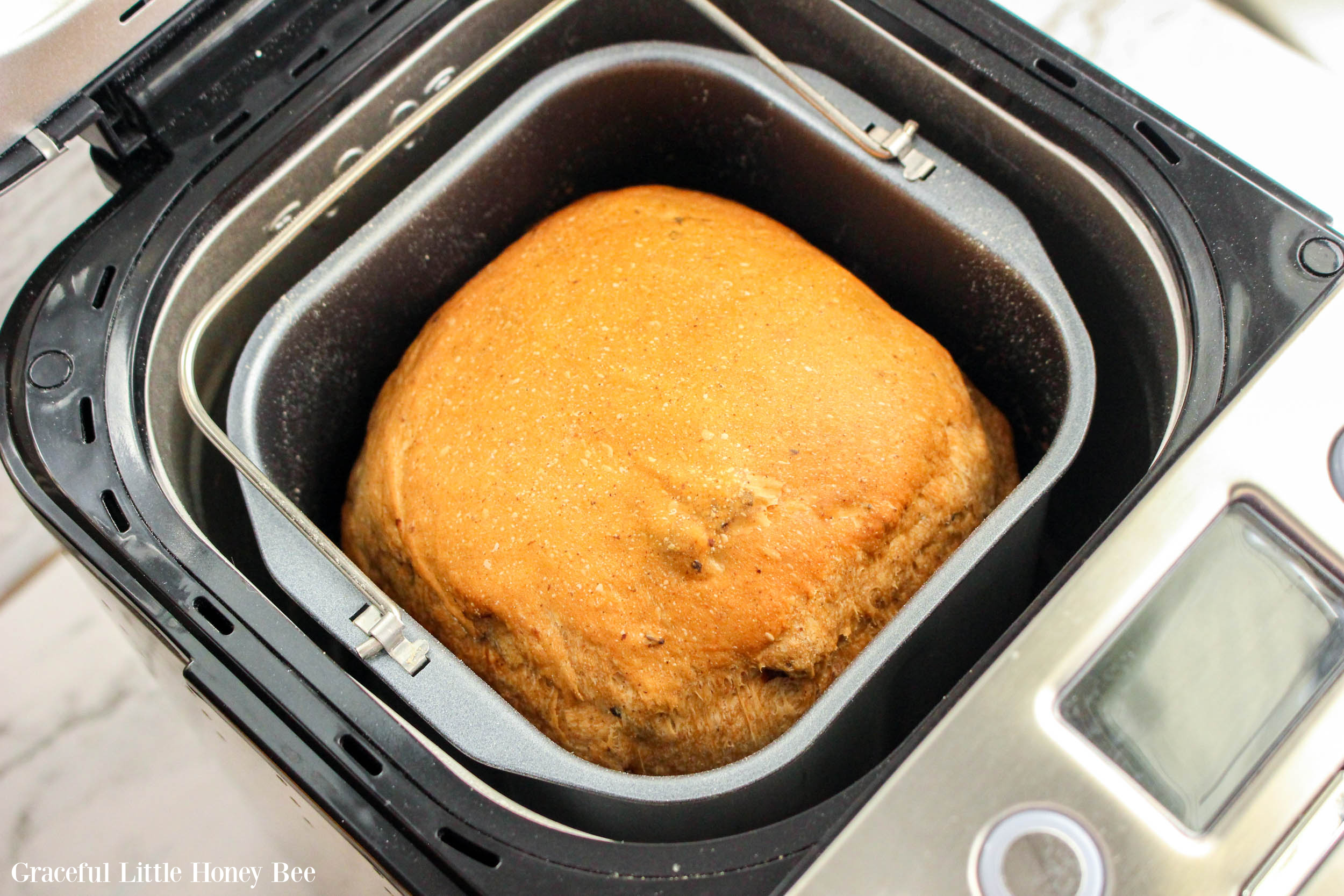 Freshly cooked bread in the bread machine pan.