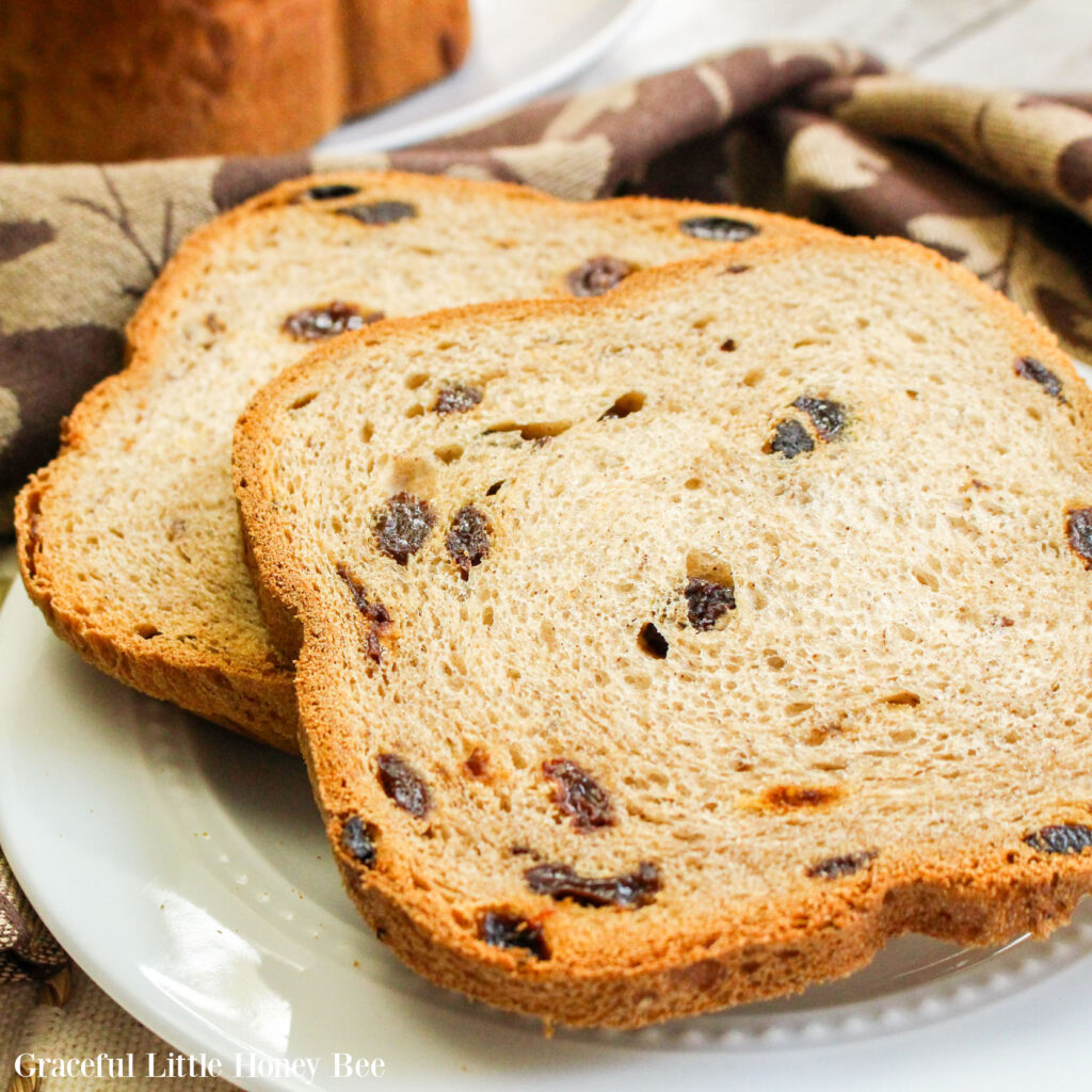 Slices of Cinnamon Raisin Bread sitting on a white plate.