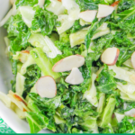 Close up of the Kale Crunch Salad in a round white bowl.