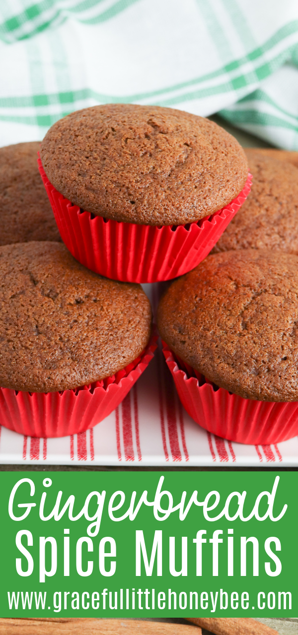 Close up of gingerbread muffins stacked on a red and white striped plate in red cupcake liners.