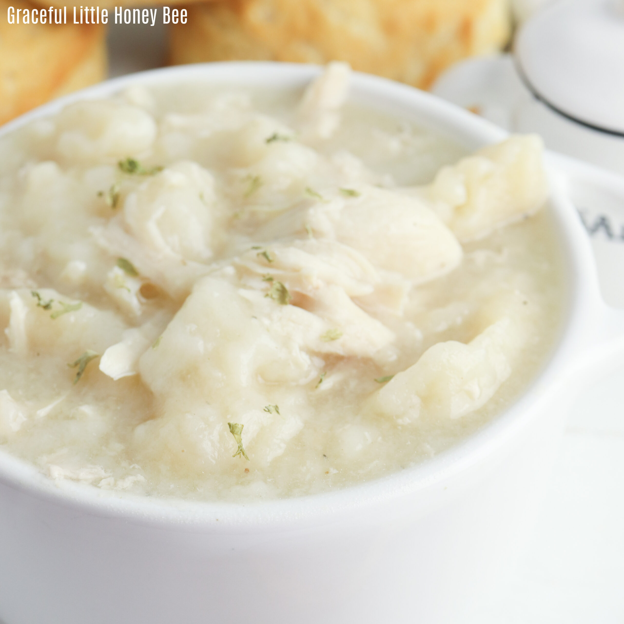 A white bowl full of chicken and dumplings.