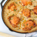 Aerial view of smothered chicken thighs in a cast iron skillet.