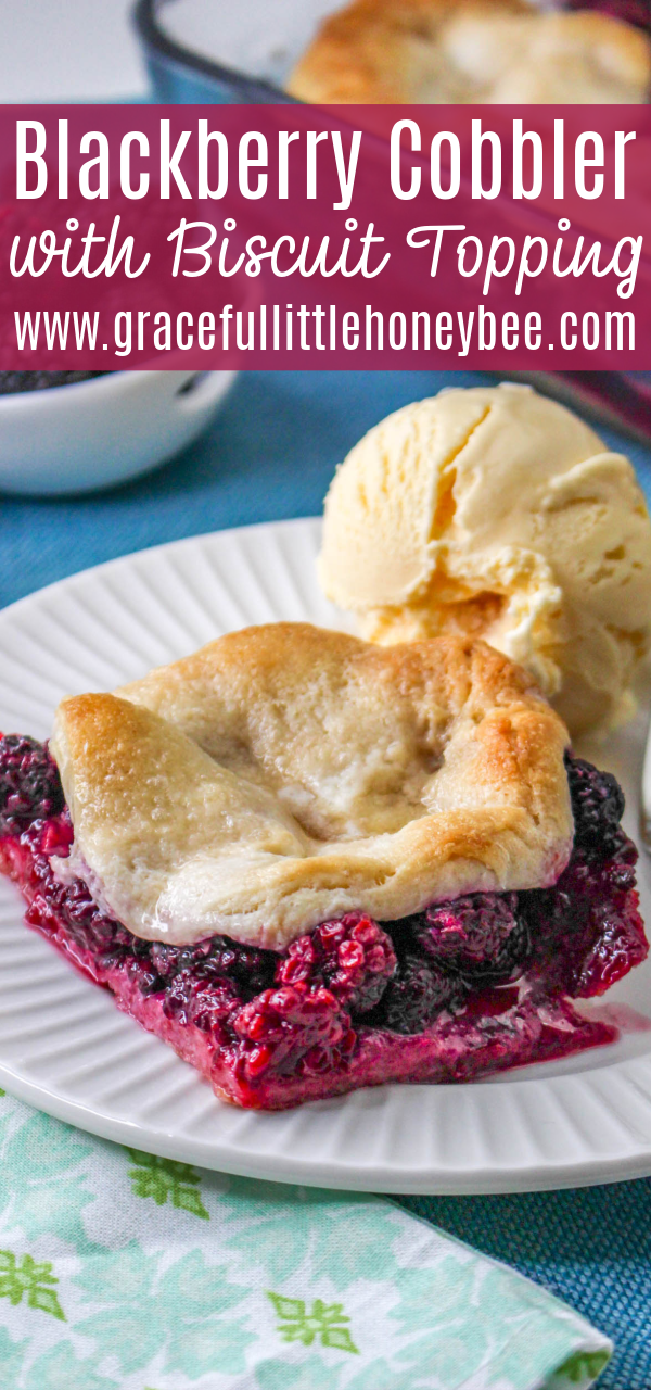 A Serving of golden brown blackberry cobbler on a round white plate with a large scoop of ice cream next to it.