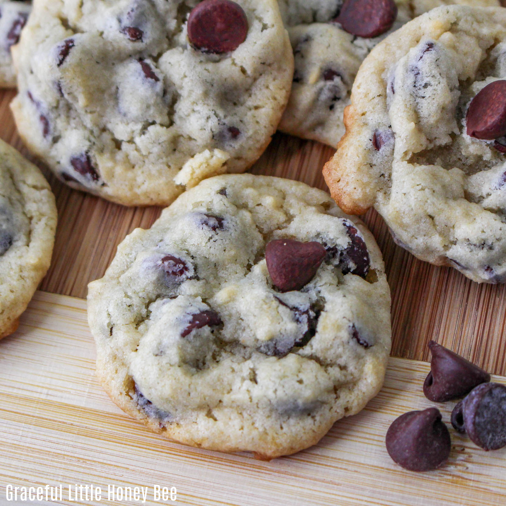 Close up of a pile of chocolate chip cookies.