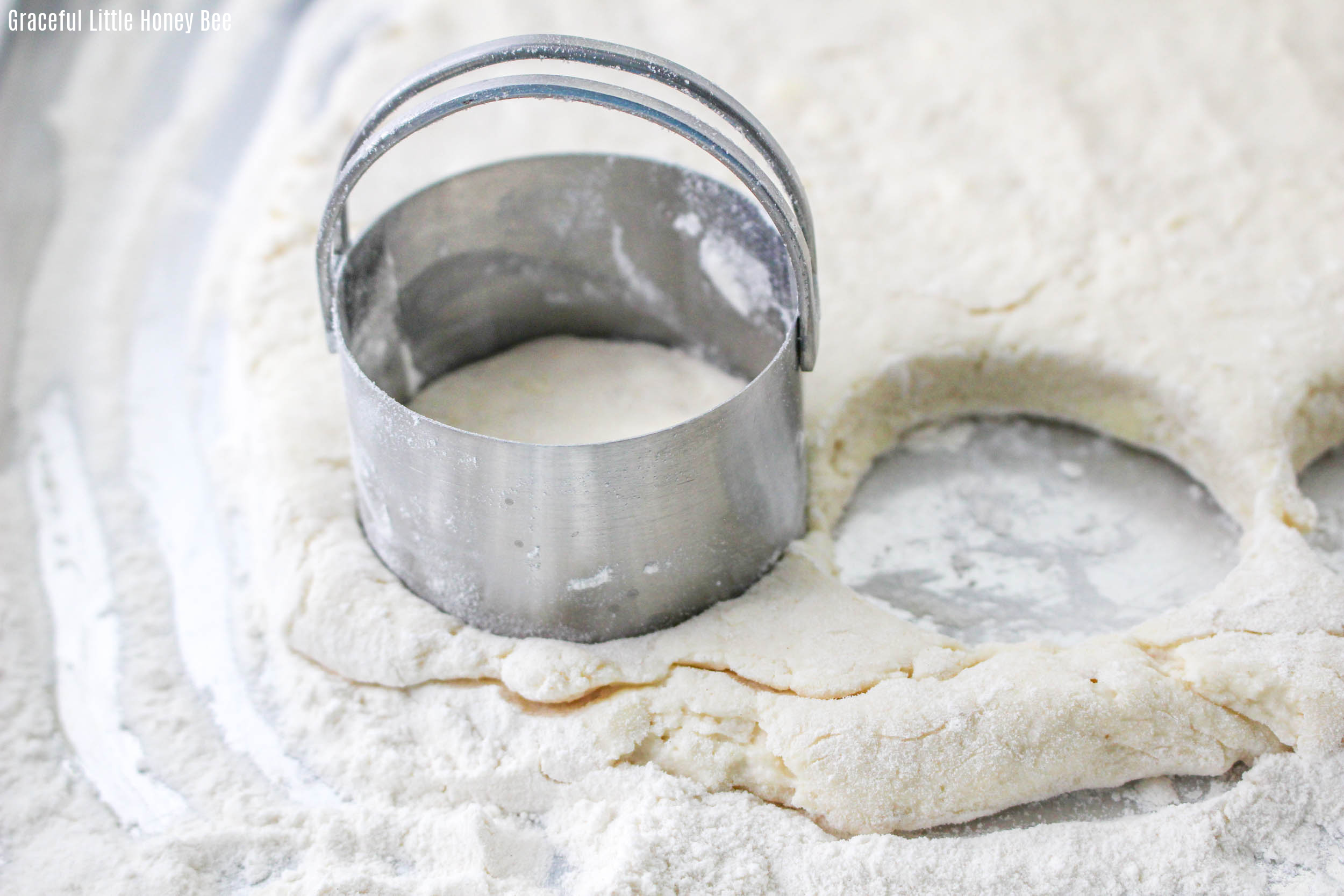 A close up view of a biscuit cutter cutting biscuit dough.