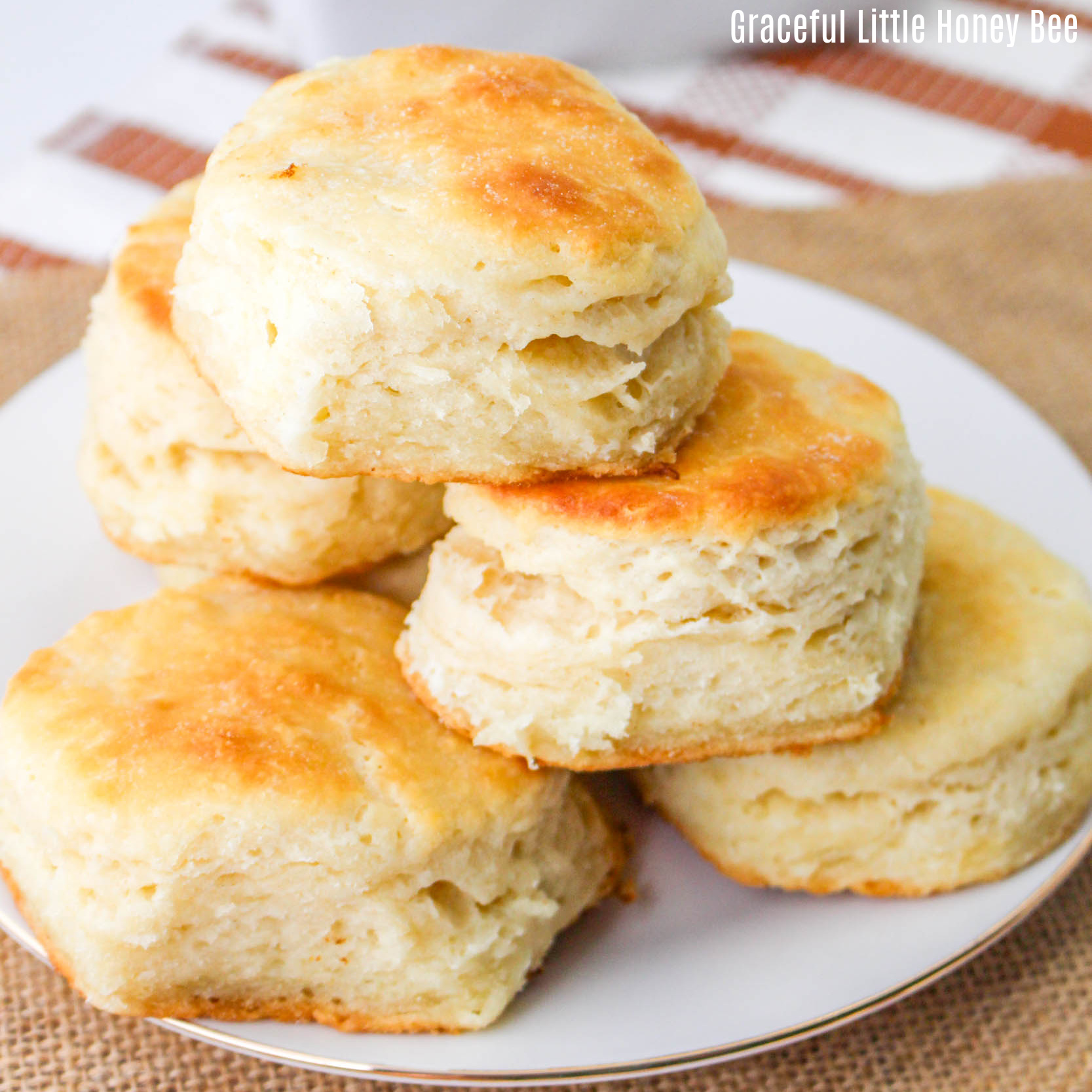 Close up view of a pile of buttermilk biscuits on a white plate.